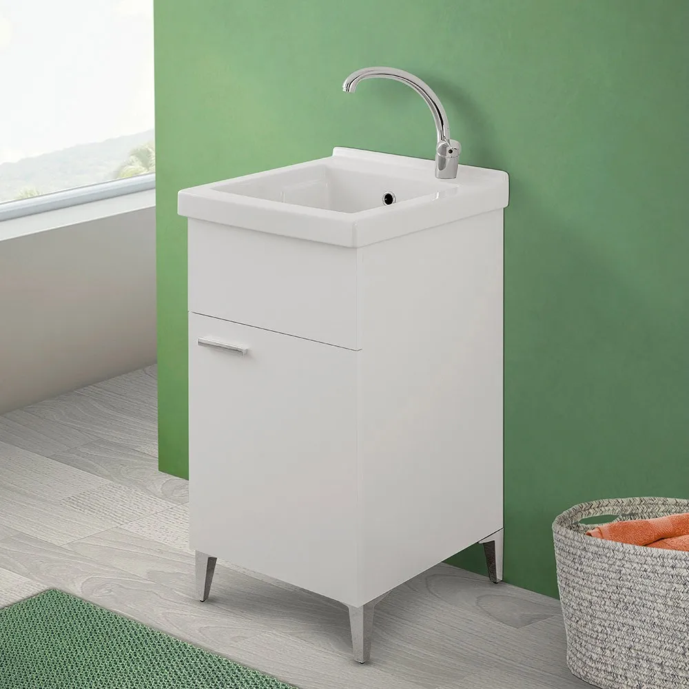 Image of Mobile lavatoio bianco 45x50 cm con vasca in ceramica e kit scarico