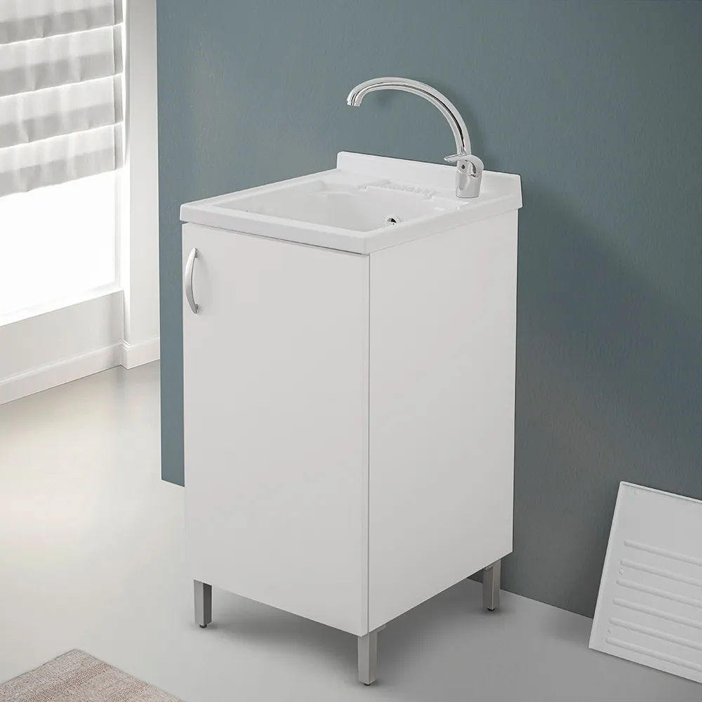 Image of Mobile lavatoio 45 bianco con vasca in resina completa di asse