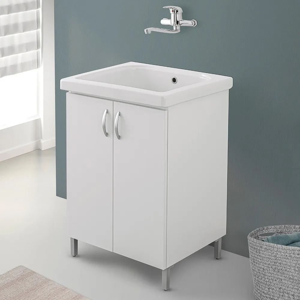 Image of Mobile lavatoio 60x50 cm bianco in ceramica con strofinatoio integrato