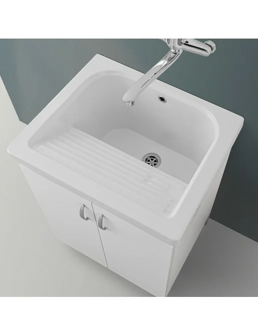 Lavatoio In Ceramica Con Mobile Reno 60x50x88 Cm - Bianco, Con Piletta Acciaio E Sifone