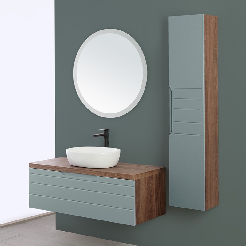 Mobile bagno sospeso noce canaletto 90 cm completo di lavabo e specchio Amalfi
