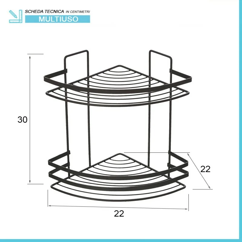 Neodrain Mensola Angolare Doccia In Acciaio Inox 304 – 23x23 Cm, 2 Ganci, Installazione A Viti O Adesiva, Nero, Portata 10 Kg