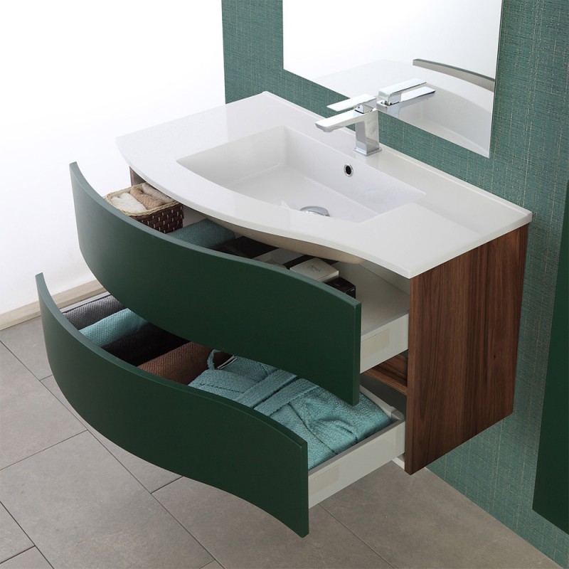 Mobile bagno sospeso 90 cm curvo Minori verde con lavabo e specchio