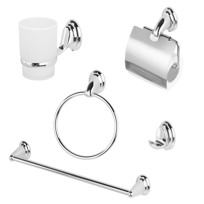 Set accessori da bagno 5 pezzi a muro in acciaio finitura cromo e vetro  satinato linea Facile