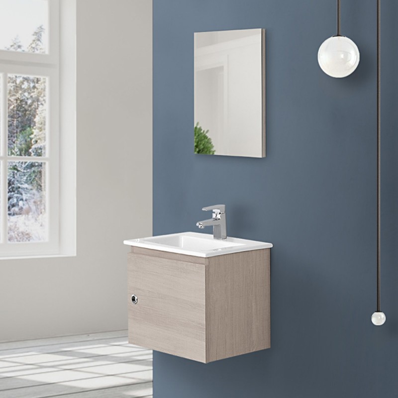 VENDITA ONLINE, MOBILE BAGNO SOSPESO DA 105 CM ROVERE CHIARO CON LAVABO  SPECCHIO E LAMPADA LED