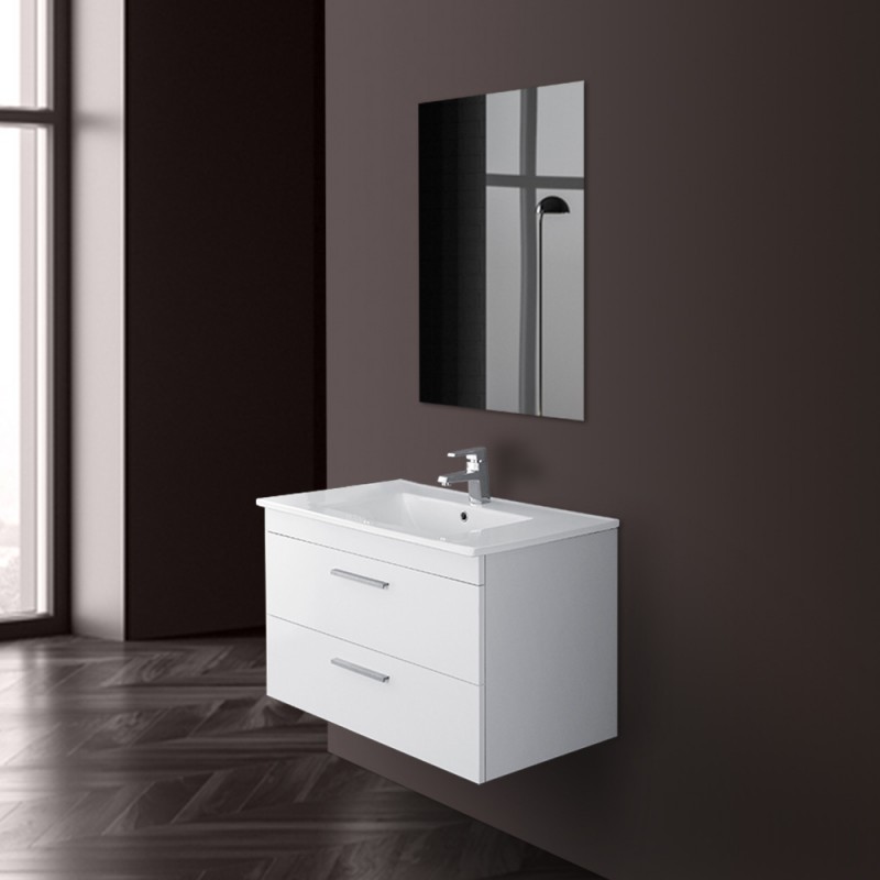 Mobile bagno sospeso moderno 81x50 cm bianco con 2 cassetti rallentati