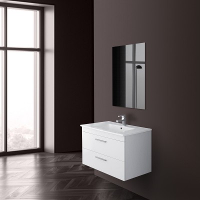 Mobile da bagno sospeso 81x50 cm bianco con cassetti rallentati completo di lavabo e specchio