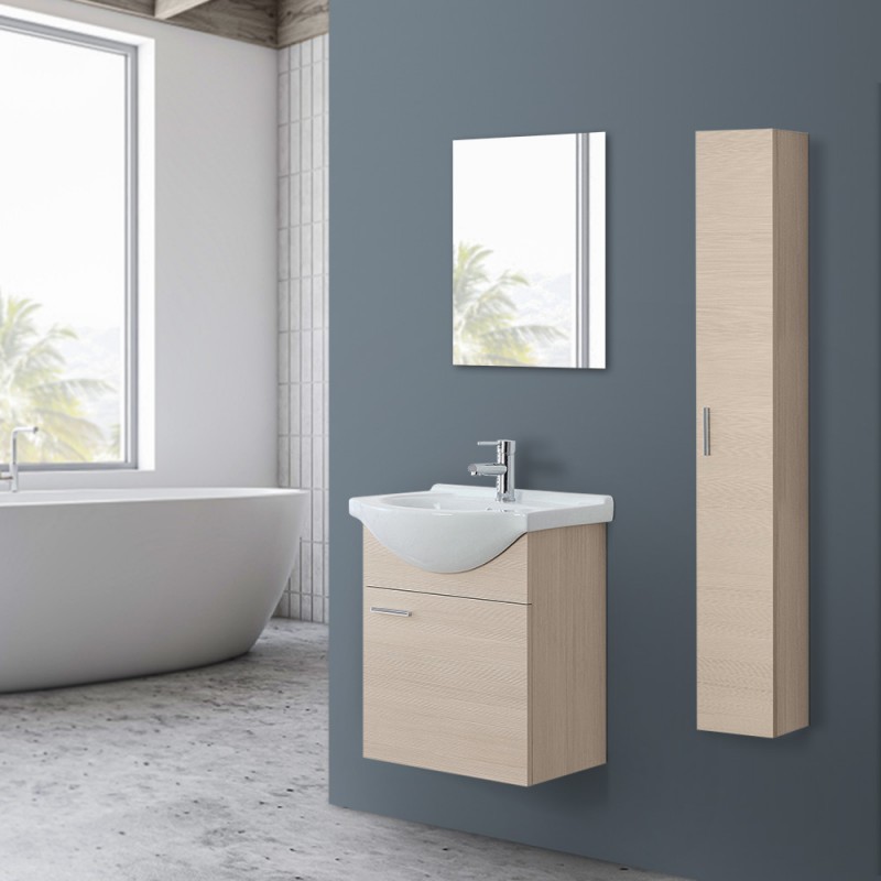 Mobile bagno cemento con specchio e luce, pensile bagno con anta