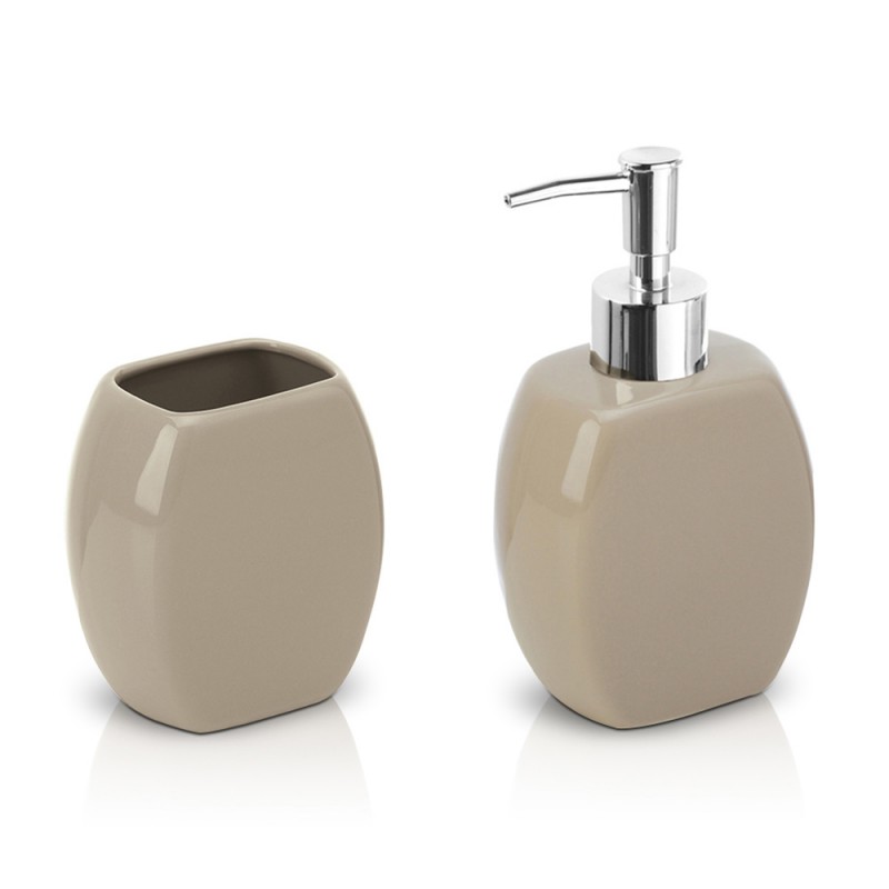 Set accessori bagno da appoggio dispenser e porta spazzolini in ceramica  tortora