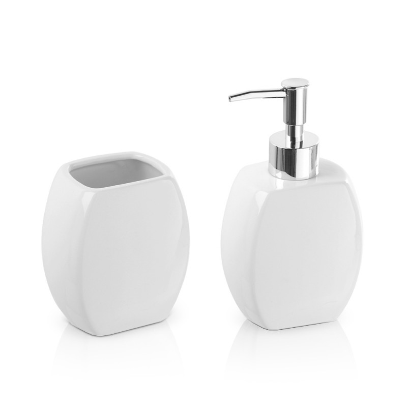 Set accessori bagno da appoggio dispenser e porta spazzolini in ceramica bianco