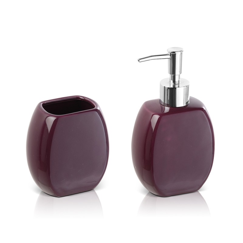 Set accessori bagno da appoggio dispenser e porta spazzolini in ceramica  viola