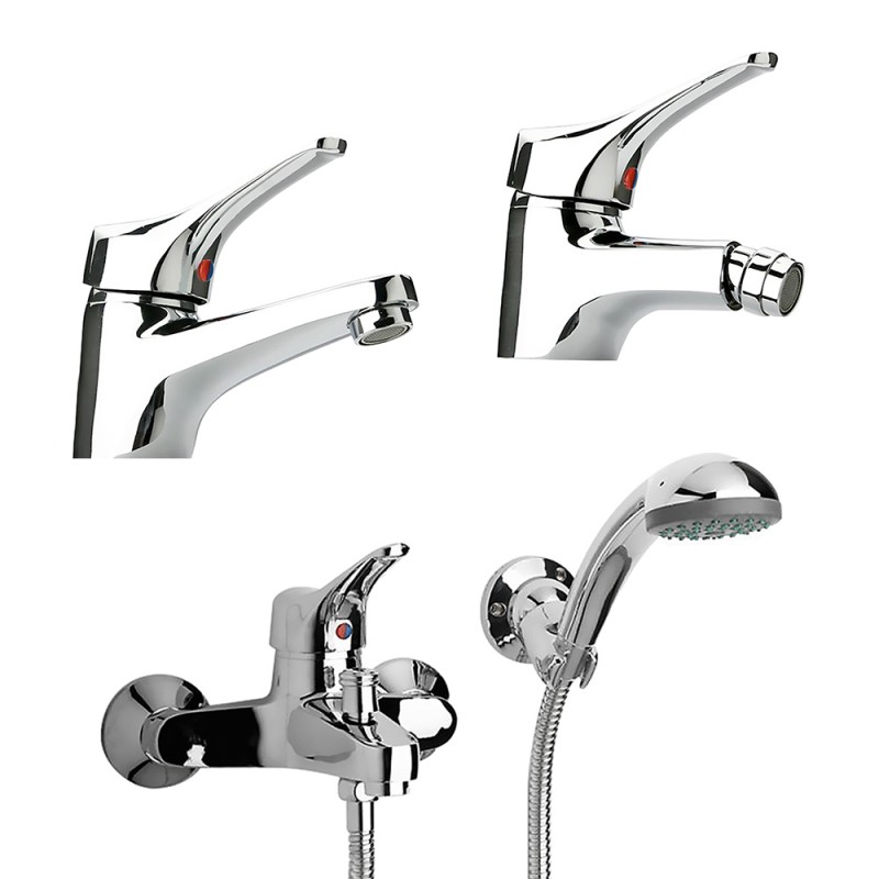 Set miscelatori lavabo bidet e vasca con kit doccia cromati Piralla Ariel scarico incluso