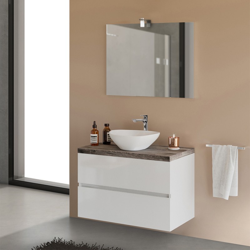 Mobile bagno sospeso 80 Town bianco top rovere fossile per lavabo d'appoggio