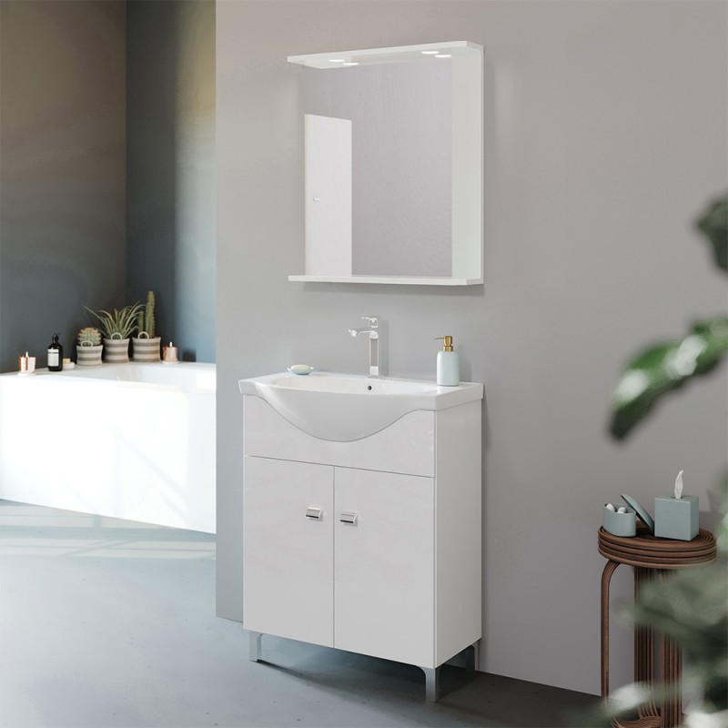 Mobile bagno a terra 65 cm Creta bianco lucido con lavabo e specchio