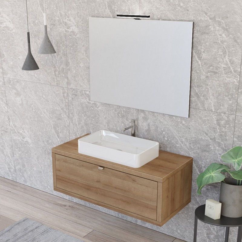 Mobile bagno sospeso 110 cm Master rovere miele con lavabo e specchio