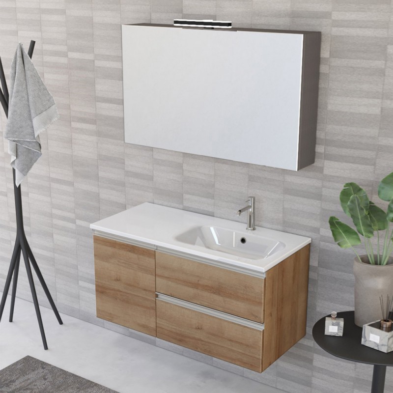 Mobile Bagno con Lavabo 100 cm Sospeso Bianco con Colonna Specchio