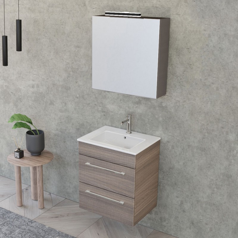 Mobile bagno sospeso 55 cm Smart olmo con lavabo e specchio contenitore