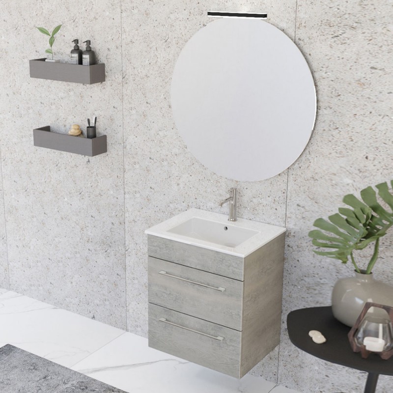 Mobile bagno sospeso 55 cm Smart grigio legno con lavabo e specchio
