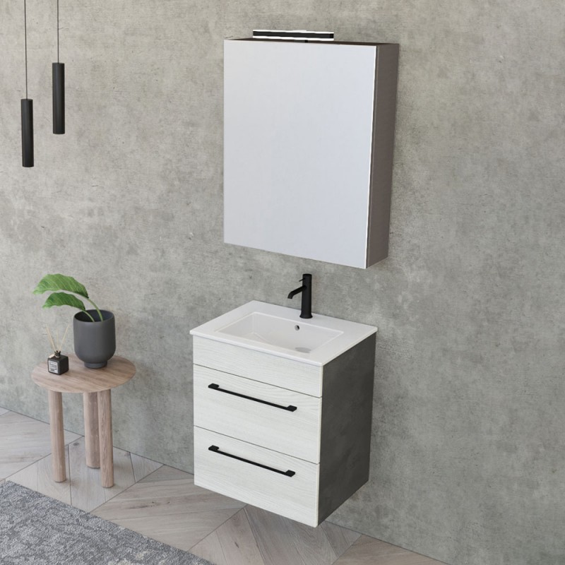 Mobile bagno sospeso 55 cm Smart bianco legno/lava con lavabo e specchio