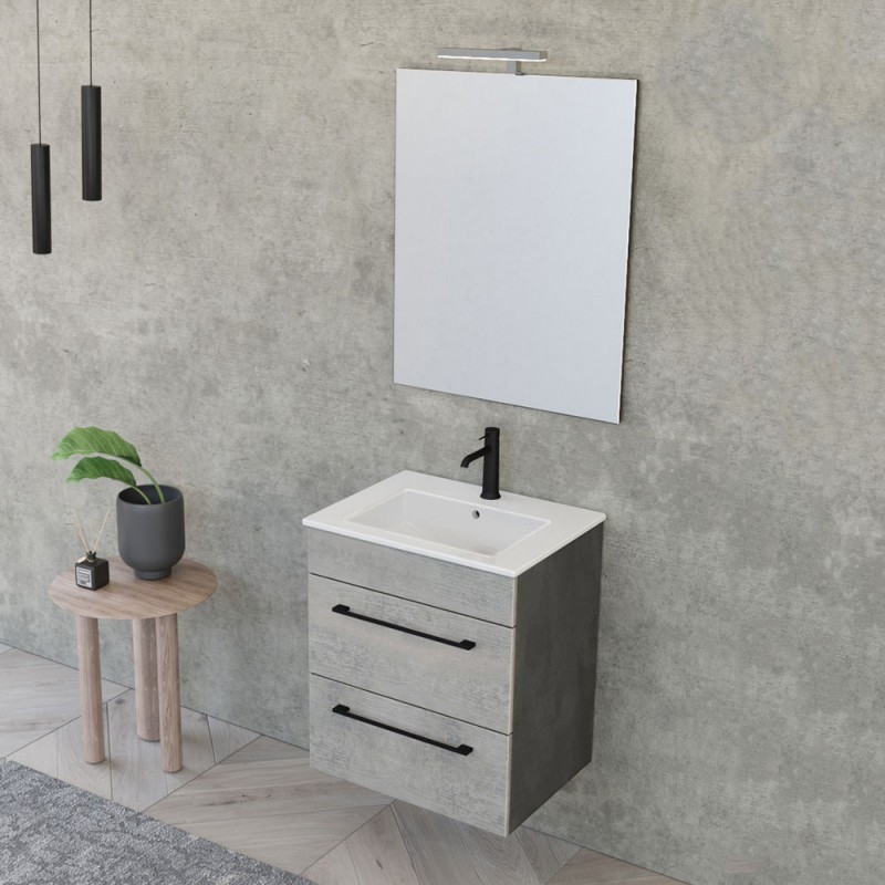 Mobile bagno sospeso 55 cm Smart grigio legno/lava con lavabo e specchio
