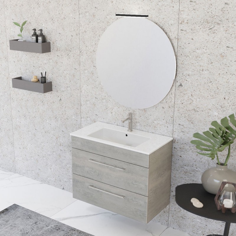 Mobile bagno sospeso 80 cm Smart grigio legno con lavabo e specchio