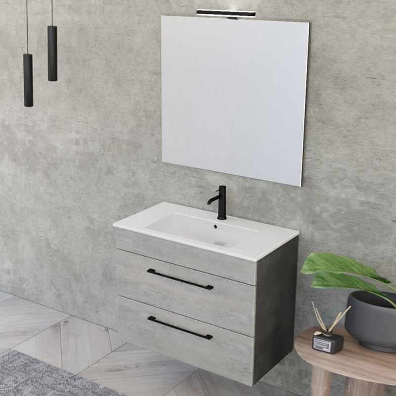 Mobile Bagno Sospeso 80 Rovere Cannettato Doppi Cassetto Lavabo E Specchio Wise