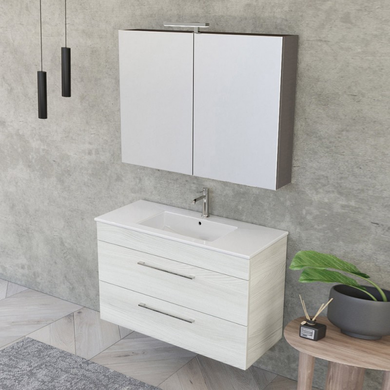 Mobile bagno sospeso 100 cm Smart bianco legno con specchio contenitore