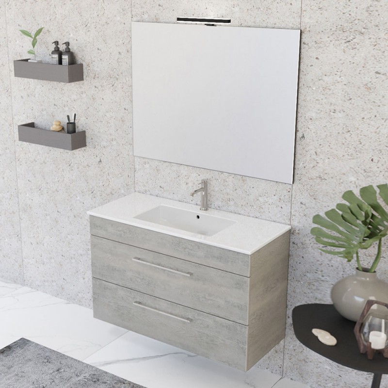 Mobile bagno sospeso 100 cm Smart grigio legno con lavabo e specchio