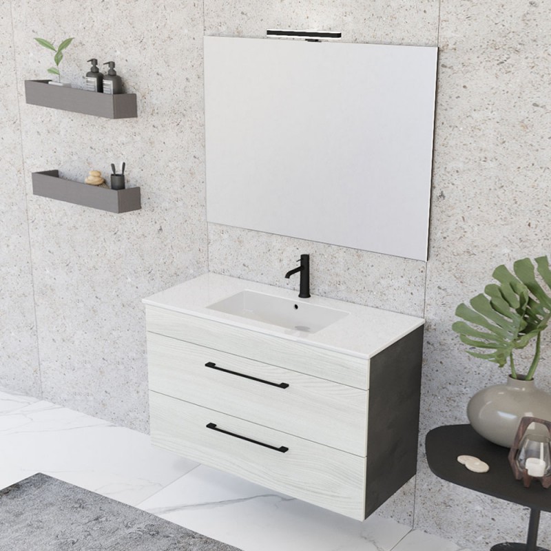 Mobile bagno sospeso 100 cm Smart bianco legno/lava con specchio