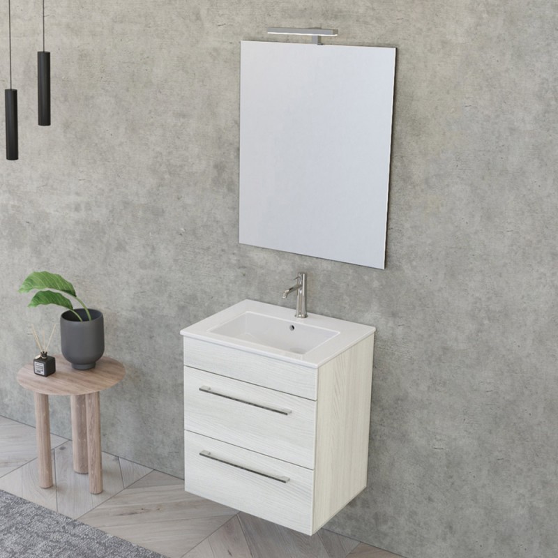 Mobile bagno sospeso 55 cm Smart bianco legno con lavabo e specchio