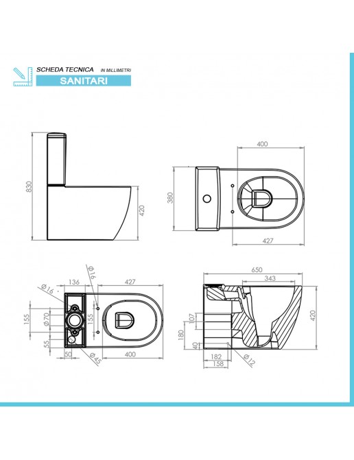 WC Monoblocco Filomuro Tygo Senza Brida - Design Moderno, Ceramica Antibatterica, Con Soft-close - Foto 6