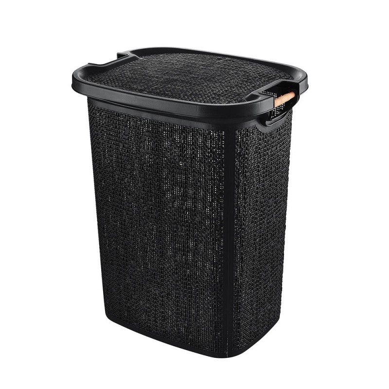 Cesto portabiancheria in plastica nera con manici in legno 60 litri