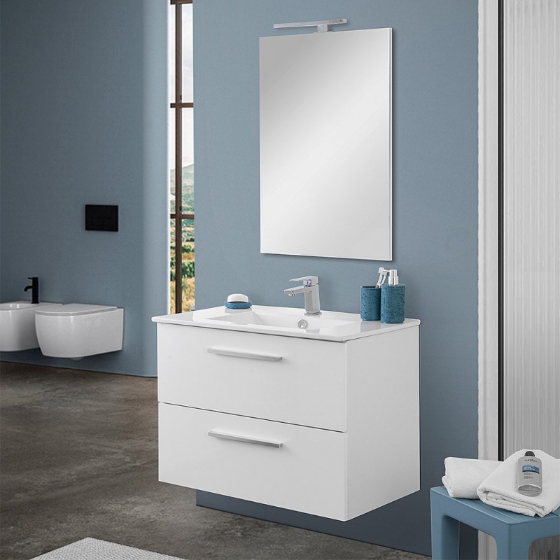 Mobile bagno sospeso 80 cm bianco lucido 2 cassetti e specchio