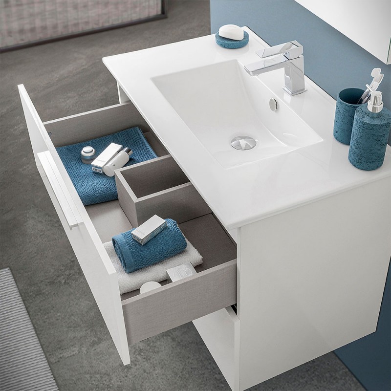Mobile bagno sospeso 60 cm Duble bianco lucido con lavabo e specchio