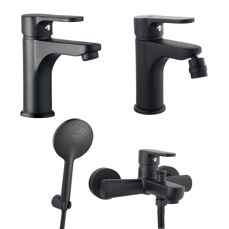 Set rubinetteria nero opaco completa per lavabo bidet e vasca serie Paco 