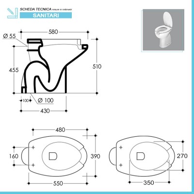 Scheda tecnica WC Per Disabili in Ceramica Bianco con Apertura Frontale h. 48 cm