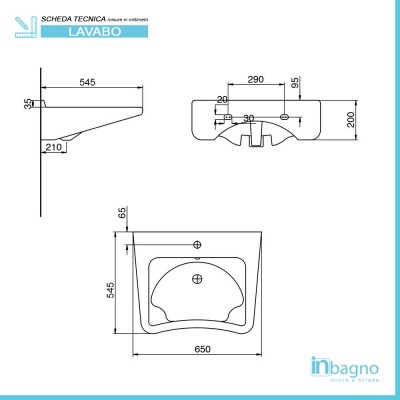 Scheda tecnica lavabo sospeso 65 cm per disabili ergonomico con montaggio senza staffe