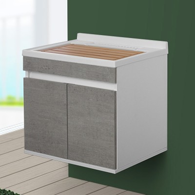 Mobile lavanderia con lavabo sospeso 60 cm cemento con kit sifone e asse strofinatoio in legno