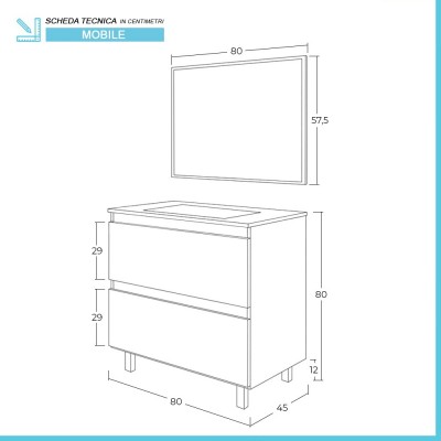 Scheda tecnica mobiletto bagno a terra 80 cm 2 cassetti serie Oasi rovere con specchio e lavabo