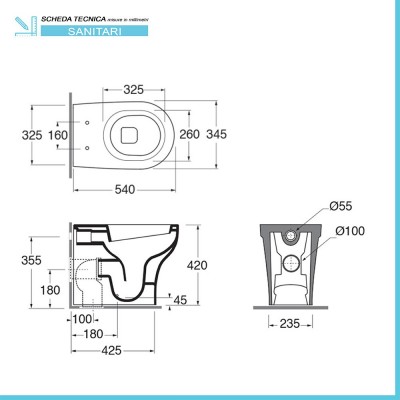 Scheda tecnica water filomuro Azzurra serie Pratica in ceramica bianca lucida