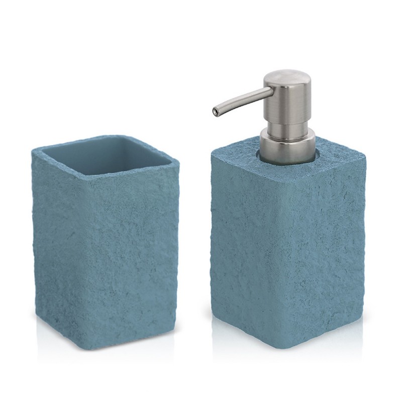 Set accessori bagno dispenser e portaspazzolini in resina turchese cobalto effetto pietra