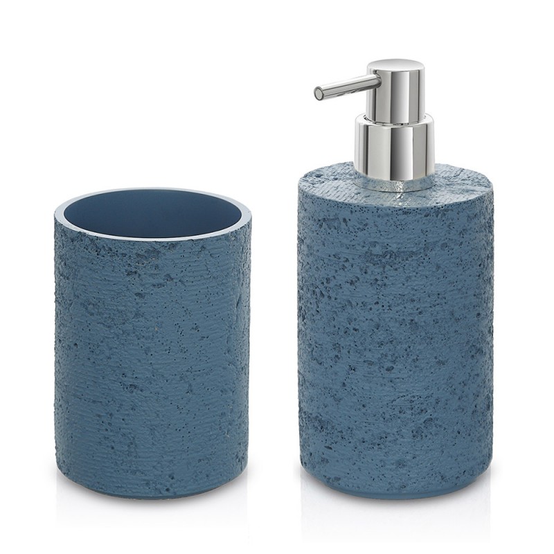 Set accessori bagno dispenser e portaspazzolini turchese cobalto resina  effetto pietra Matera