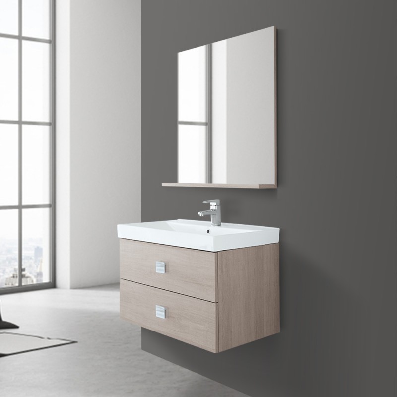 Specchio Bagno Contenitore Con Due Pensili Rovere Bianco E Luce