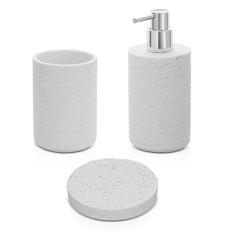 Accessori bagno in set da 3 pezzi bianco in resina effetto pietra Matera