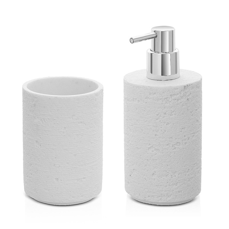 Set accessori bagno dispenser e portaspazzolini bianco in resina effetto pietra Matera
