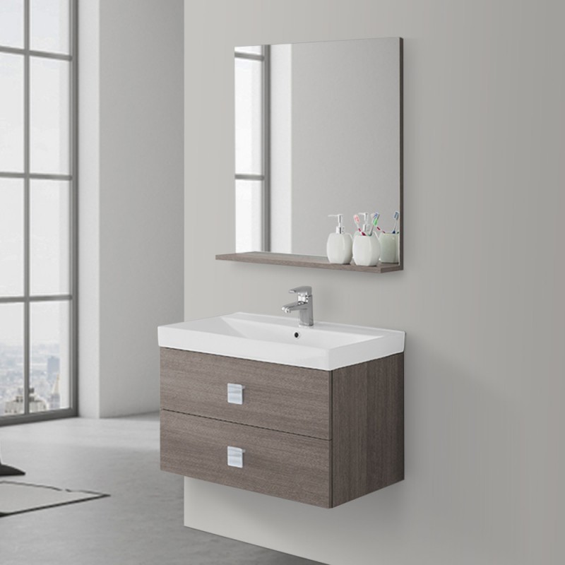 VENDITA ONLINE, MOBILE BAGNO SOSPESO DA 105 CM ROVERE CHIARO CON LAVABO  SPECCHIO E LAMPADA LED