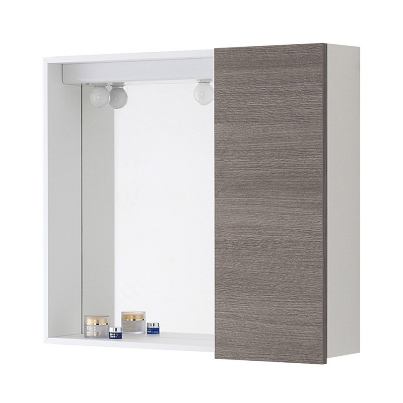 Specchiera 68 x 61 cm con Plafoniera a due Lampade Specchiera Bagno Contenitore 1 Anta Feridras Rovere Grigio L.68xP.17xH.61