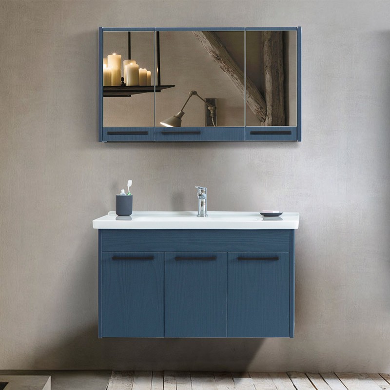 Mobile bagno sospeso 100 cm blu effetto legno con armadietto a specchio Sofia