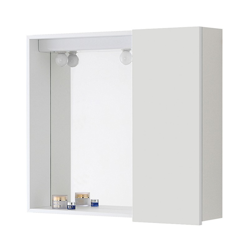 Specchiera 68 x 61 con plafoniera con 2 Lampade feridras Specchiera Bagno Contenitore 1 Anta Feridras Bianco Lucido L.68xP.17xH.61