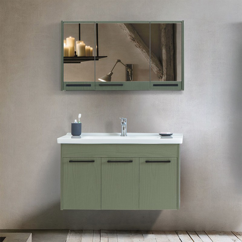Mobile bagno sospeso 100 cm verde effetto legno con armadietto a specchio Sofia